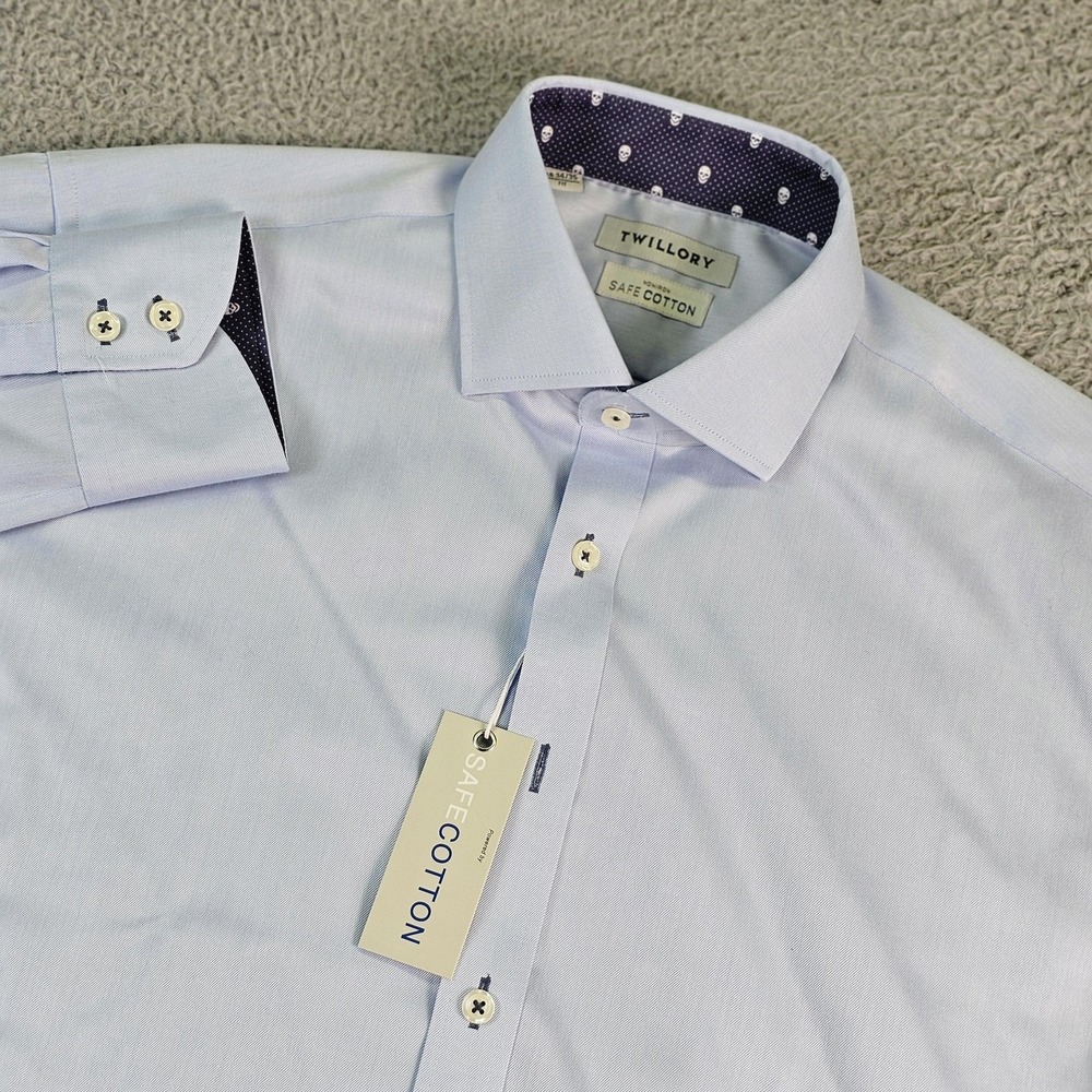 Twillory Shirt Mens 16 34/35 Blue Solid Dress Classic Fit Non Iron Safe Cotton